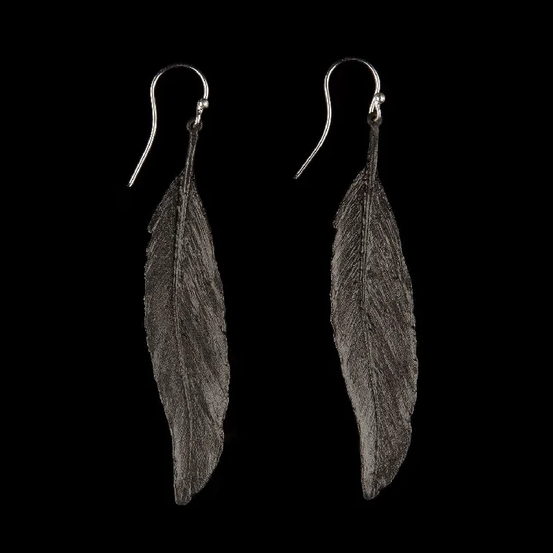 Earrings For Subtle Charm-Feather Earrings - Long Single Wire Gunmetal