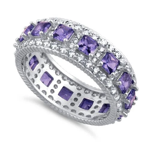 High Fit Rings-Sterling Silver Eternity Princess Cut Amethyst CZ Ring