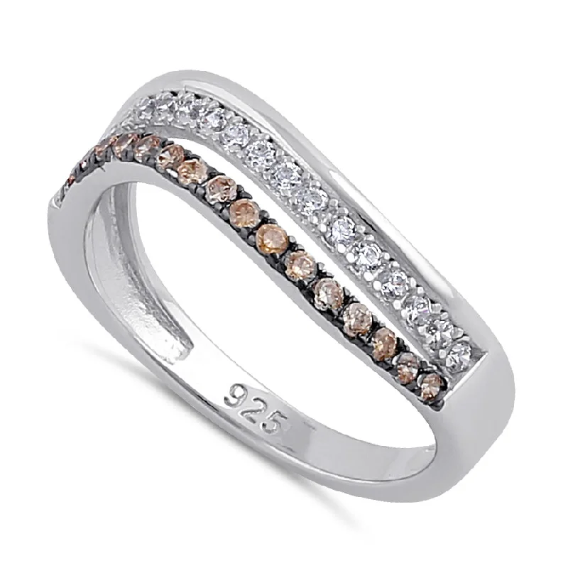 Rings For Layered Looks-Sterling Silver Champagne and Clear CZ Curved Ring