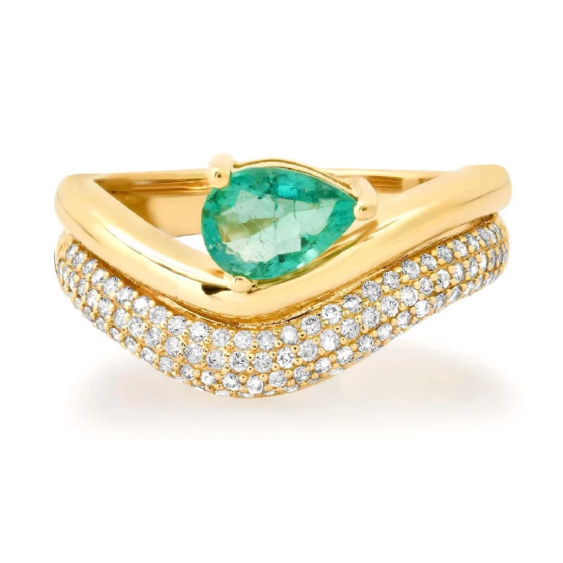 Rings For Broad Palms-Wavy Diamond & Pear Shaped Emerald Ring