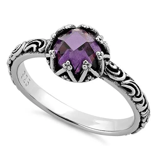 Rings For Lunch Dates-Sterling Silver Floral Purple CZ Ring