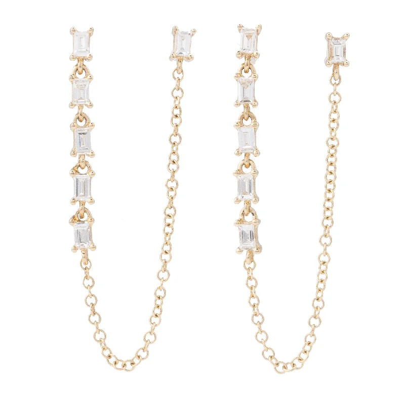 Earrings For Young Girls-6 Baguette Double Stud Chain Earrings