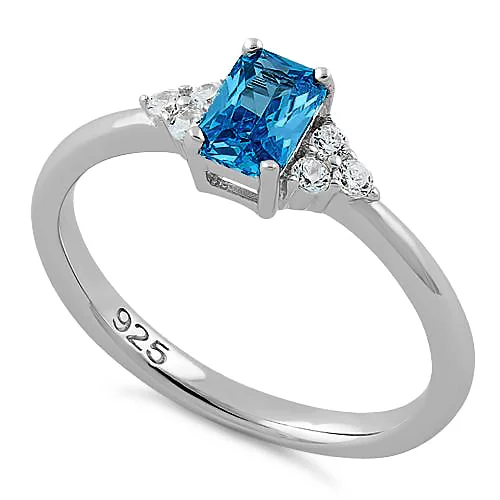 Rings Care Guide-Sterling Silver Precious Emerald Cut Aqua Blue CZ Ring