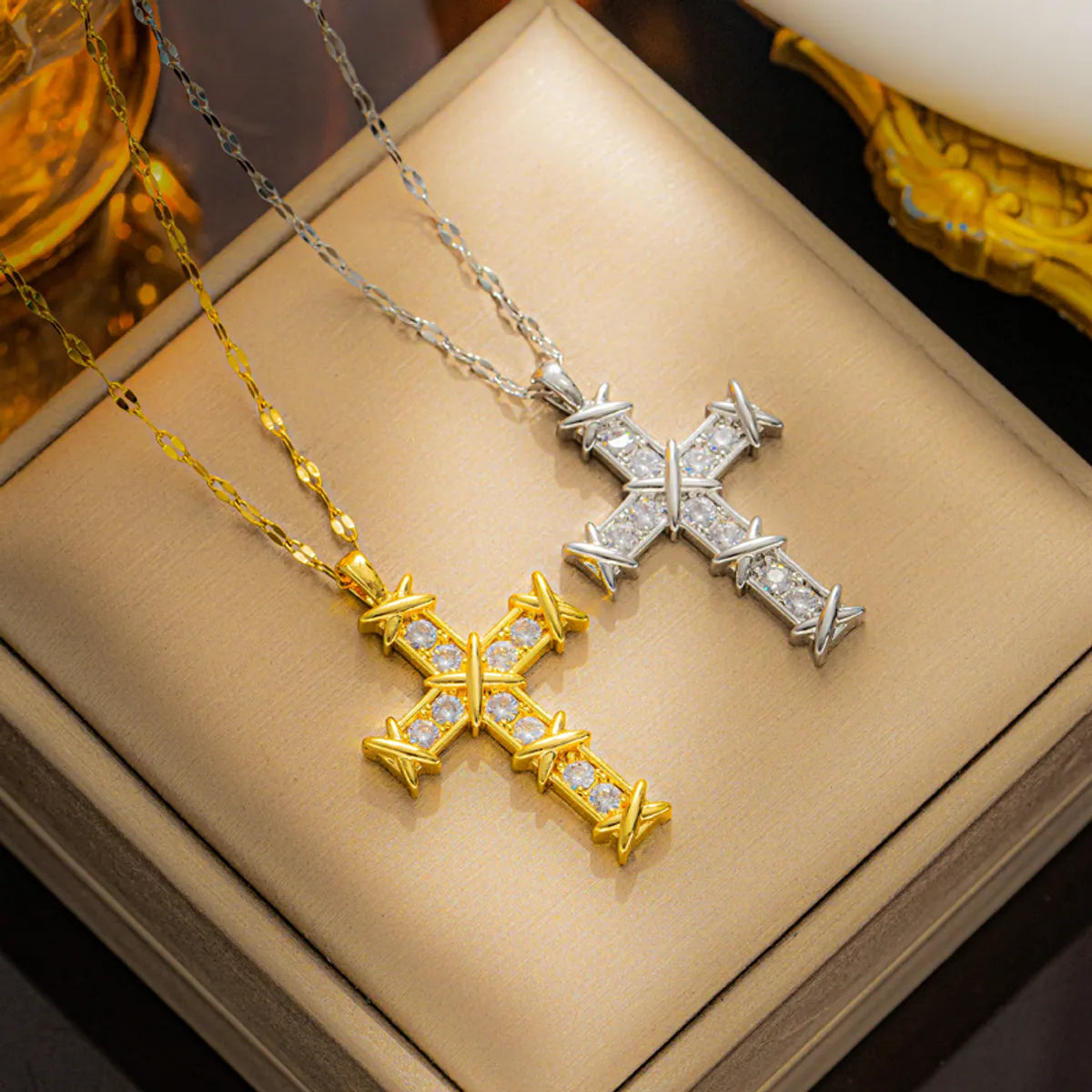 Necklaces With Floral Charms-Vintage Style Cross Stainless Steel Plating Inlay Zircon 18k Gold Plated Pendant Necklace