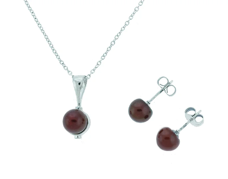 Long Wear Earrings-Chocolate Freshwater Button Pearl Pendant Necklace w/ Pearl Stud Earrings (SKU: 191464)