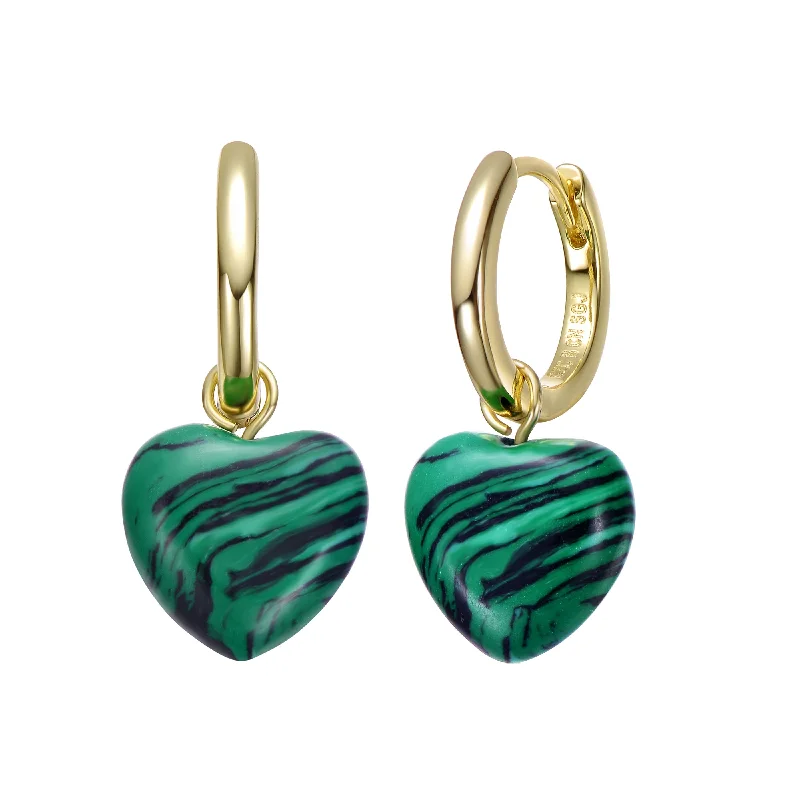 Earrings Upkeep Tips-Sterling Silver 14k Gold Plated Simulated Malachite Puffed Heart Dangle Earrings