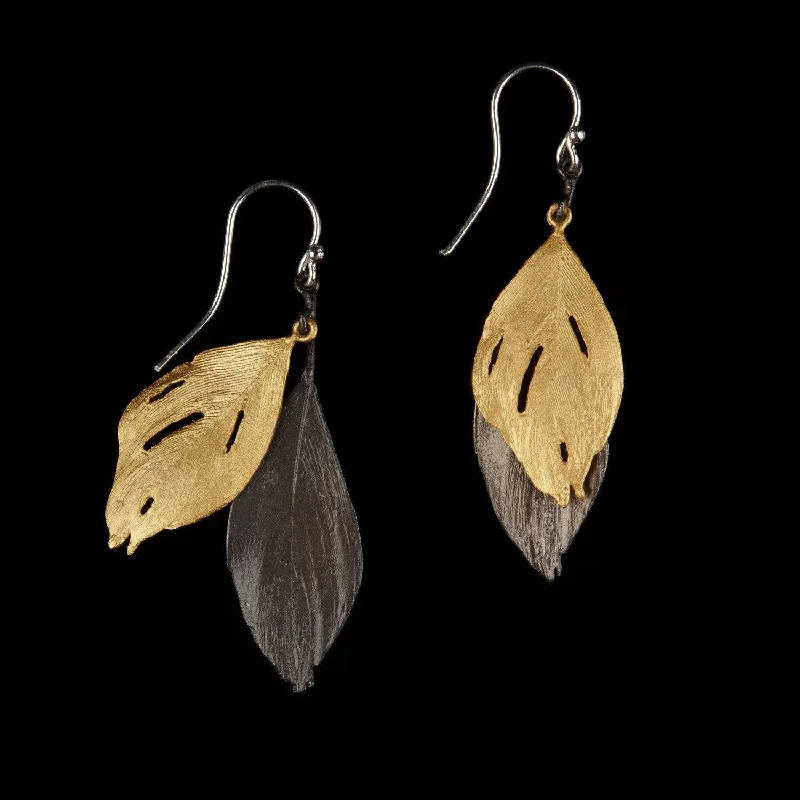 Earrings For Bold Ears-Feather Earrings - Two Tone Wire Gold and Gunmetal