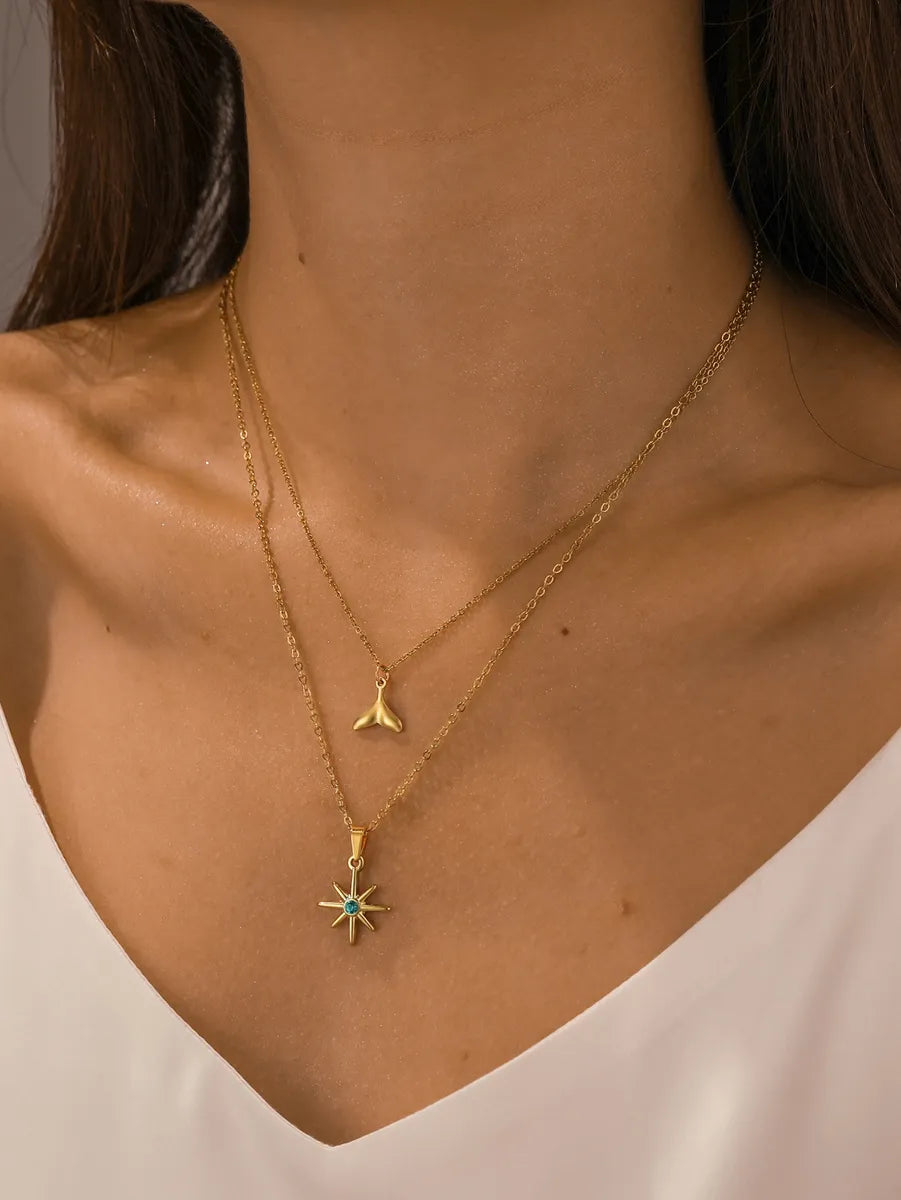 Necklaces For Casual Looks-Vacation Sweet Commute Star Fish Tail Stainless Steel Titanium Steel Plating Inlay Zircon 18k Gold Plated Double Layer Necklaces