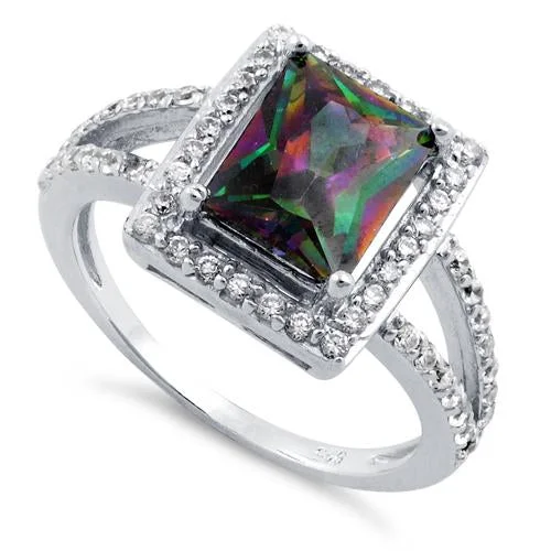 Thin Rings For Grace-Sterling Silver Rainbow Topaz Rectangular Halo CZ Ring