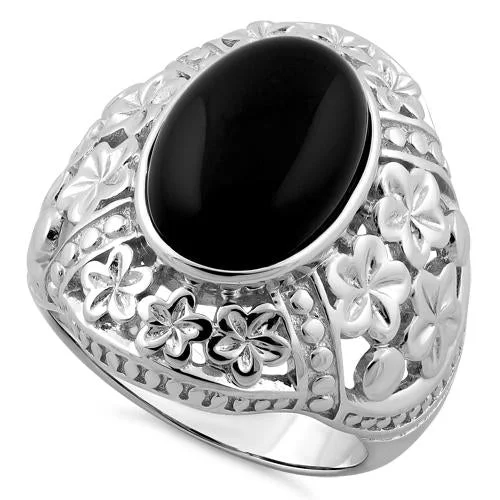 Rings With Wide Bands-Sterling Silver Plumeria Black Agate Ring