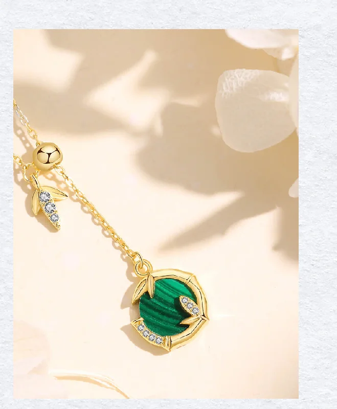 Necklaces For Seniors-Chinoiserie Vintage Style Geometric Bamboo Sterling Silver Plating Inlay Malachite Zircon Pendant Necklace