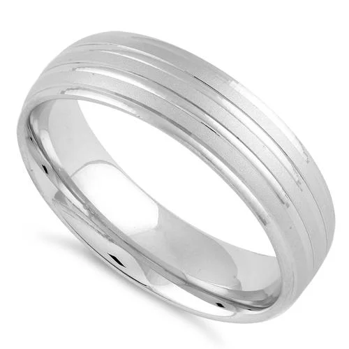 Rings For Wide Styles-Sterling Silver Diamond Cut Triple Layer Brushed Wedding Band Ring