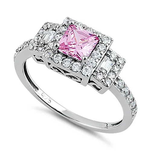 Rings Polish Tips-Sterling Silver Square Pink CZ Ring