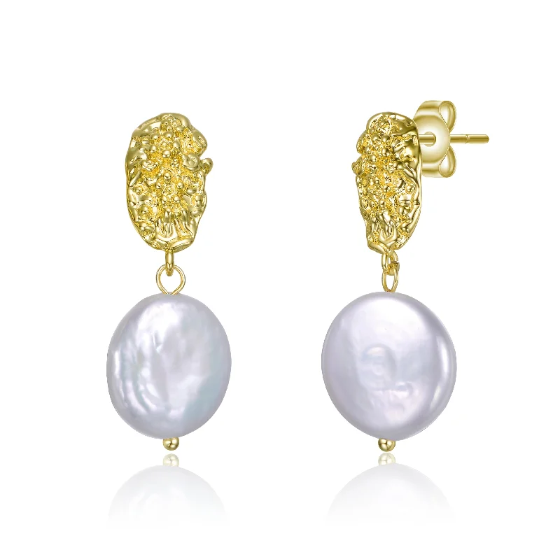 Earrings For Delicate Frames-Sterling Silver 14K Gold Plated with Coin Shapped Freshwater Pearl Dangle Earrings