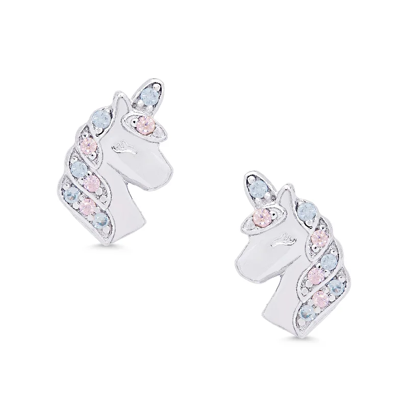 Earrings Repair Guide-CZ Unicorn Stud Earrings in Sterling Silver (Pink/Blue)