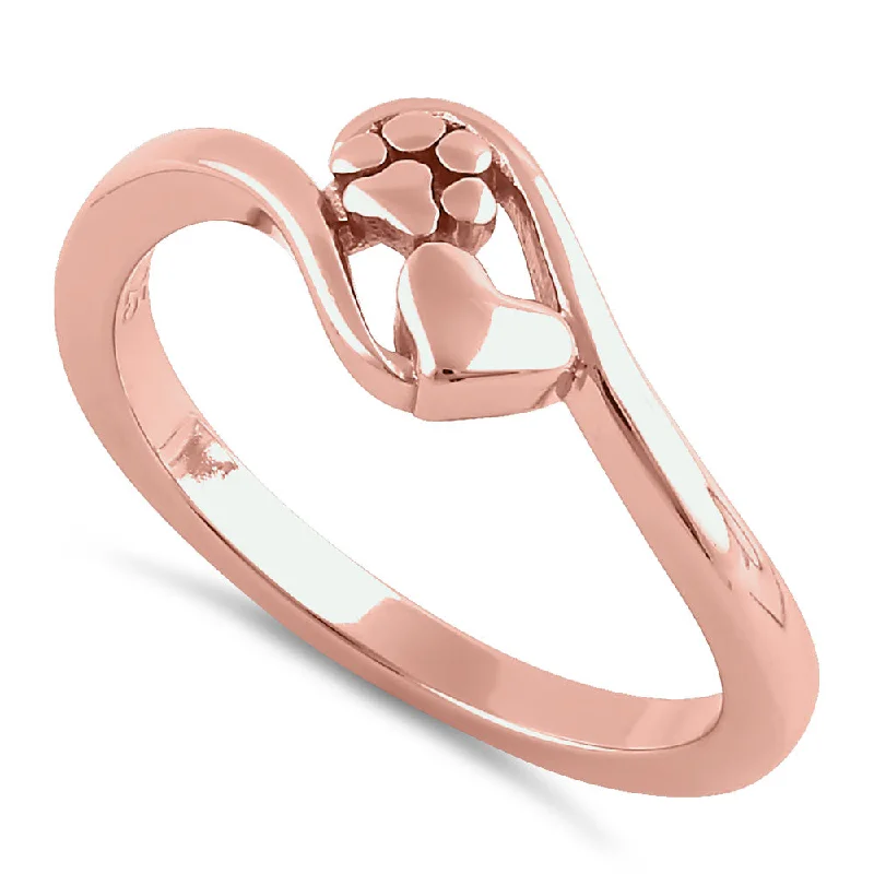 Rings For Older Ladies-Sterling Silver Rose Gold Plated Paw & Heart Ring