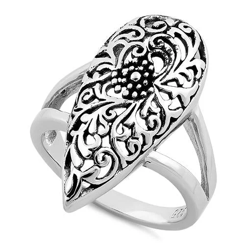 Rings For Seniors-Sterling Silver Filigree Floral Teardrop Ring