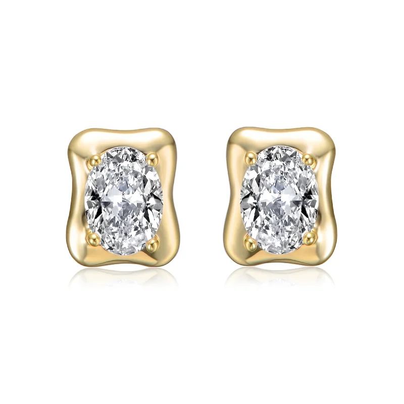 Earrings For Silver Fans-Sterling Silver 14K Gold Plated with Clear Cubic Zirconia Wavey Square Stud Earrings