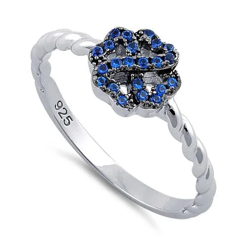 Max Shine Rings-Sterling Silver Four Leaf Clover Heart Shaped Blue CZ Ring