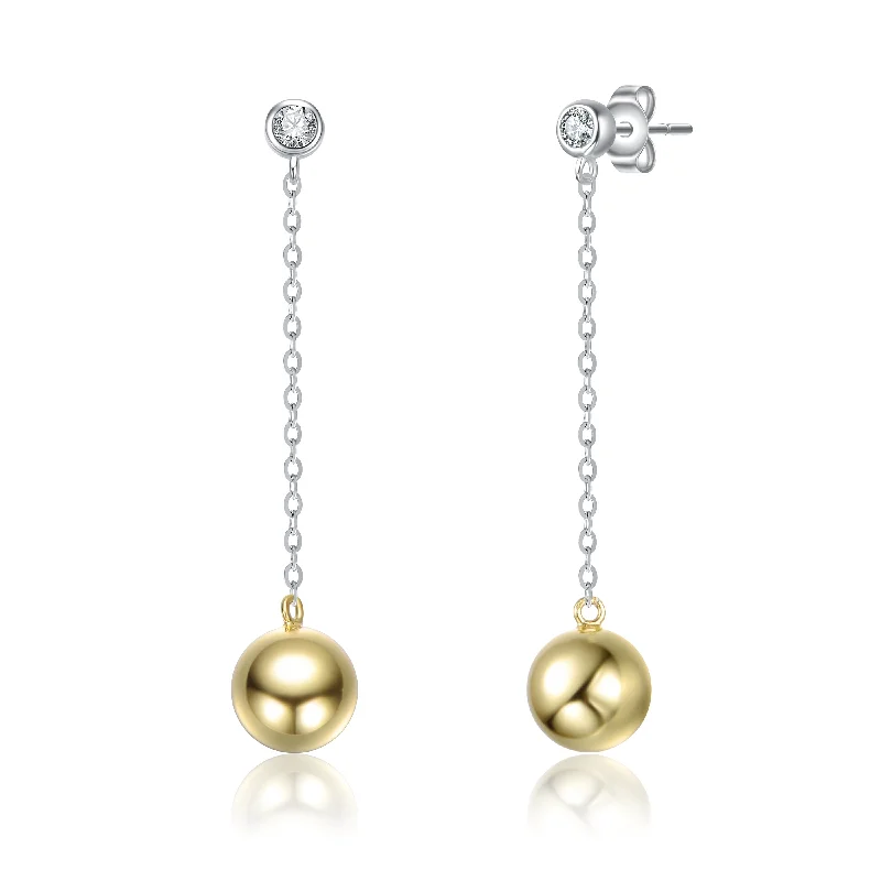 Earrings For Wide Styles-Sterling Silver Two-Tone with Clear Cubic Zirconia Sphere Drop Earrings