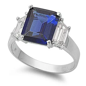 Rings With Bright Colors-Sterling Silver Square Blue Sapphire CZ Ring