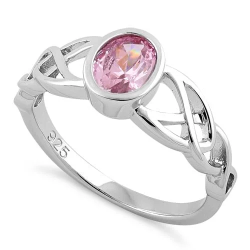 Lightweight Rings For Comfort-Sterling Silver Oval Pink CZ Celtic Ring