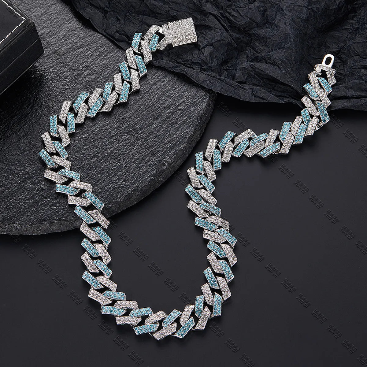 Silver Ocean Blue White Bar Cuban Link Chain