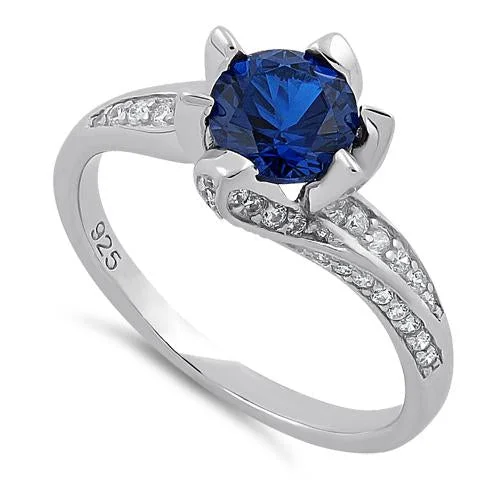 Rings For Adults-Sterling Silver Round Cut Blue Spinel & Clear CZ Ring