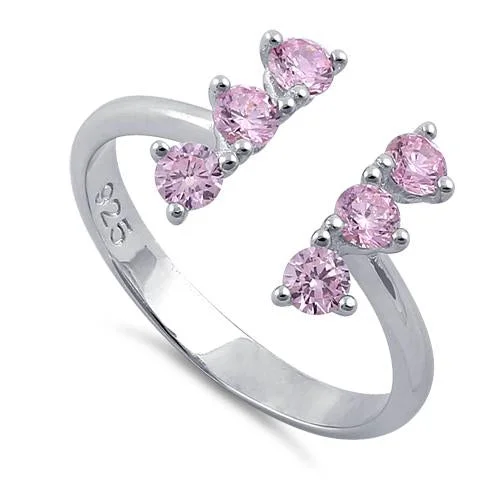 Rings For Public Events-Sterling Silver Pink Six Round Stones Adjustable CZ Ring