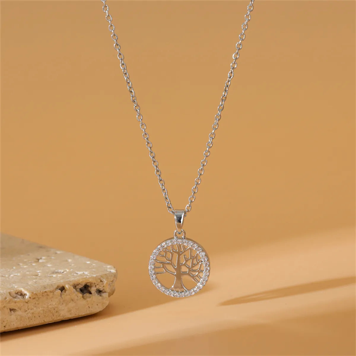 Necklaces For Rainy Days-304 Stainless Steel Titanium Steel White Gold Plated Simple Style Plating Inlay Life Tree Zircon Pendant Necklace