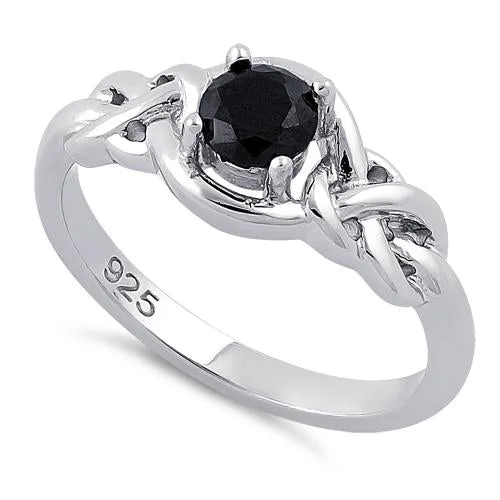 Rings For Casual Style-Sterling Silver Knot Frame Round Cut Black CZ Ring