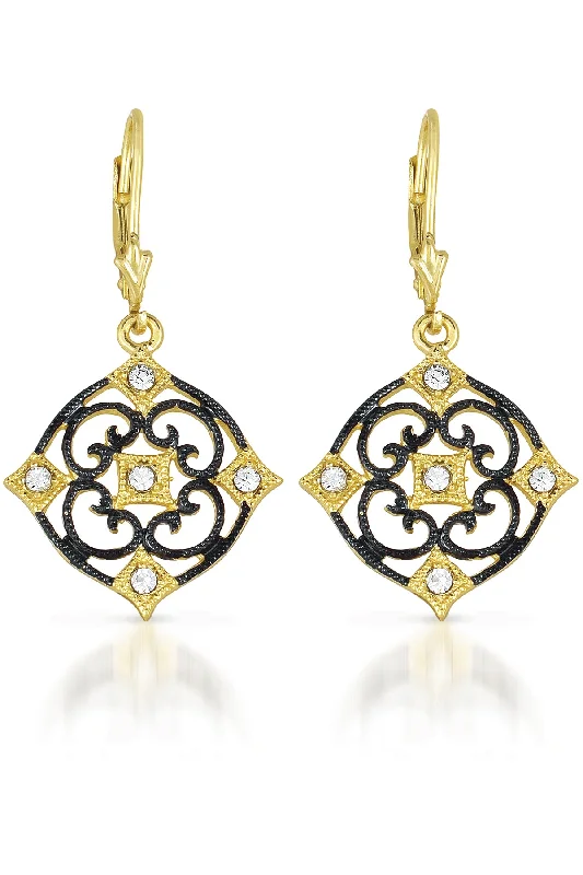 Earrings For Long Wear-Cubic Zirconia Sterling Silver Black And Gold Deco Earrings