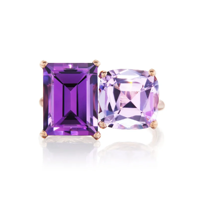 Best Rings For Fancy Nights-Bold 2-Stone Ring with Dark Amethyst & Rose De France Amethyst