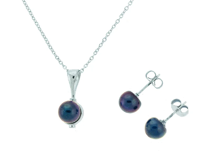 New Vibe Earrings-Black Freshwater Button Pearl Pendant Necklace w/ Pearl Stud Earrings (SKU: 191462)