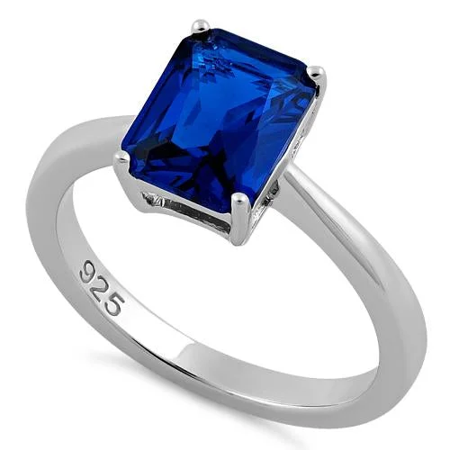 Rings Pairing Tips-Sterling Silver Solitaire Emerald Cut Blue Spinel CZ Ring