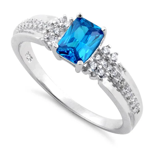 Rings For Young Girls-Sterling Silver Blue Topaz Rectangle CZ Ring