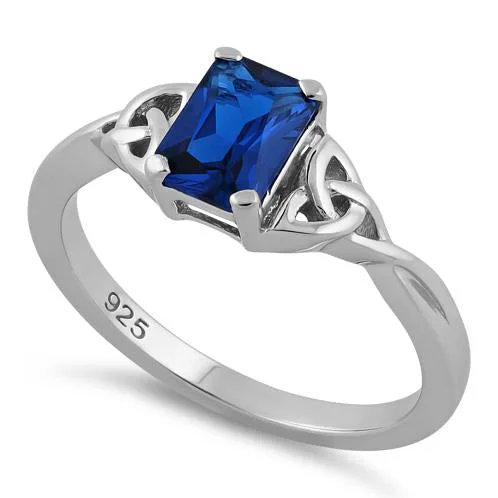 Rings For Warm Outfits-Sterling Silver Rectangle Blue Spinel Celtic CZ Ring