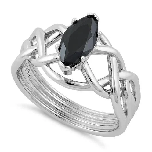 Rings With Matte Finish-Sterling Silver Celtic Black Marquise CZ Ring