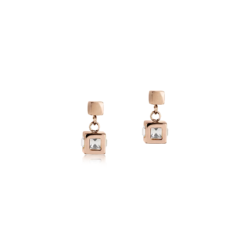 Earrings For Delicate Frames-Earrings cube stainlees steel rose gold & crystal