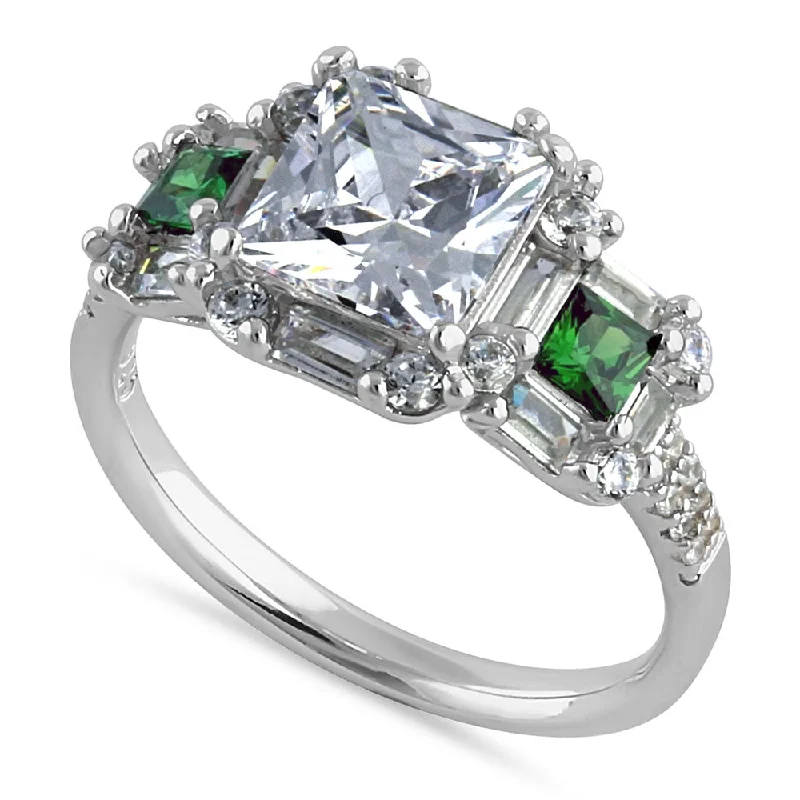 Best Value Rings-Sterling Silver Classic Princess, Emerald & Round Cut with Clear & Emerald CZ Accents Ring