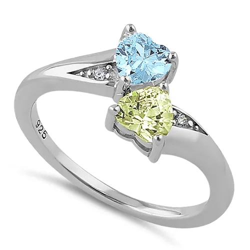 Best Rings For Simple Looks-Sterling Silver Double Heart Apple Green & Aquamarine CZ Ring