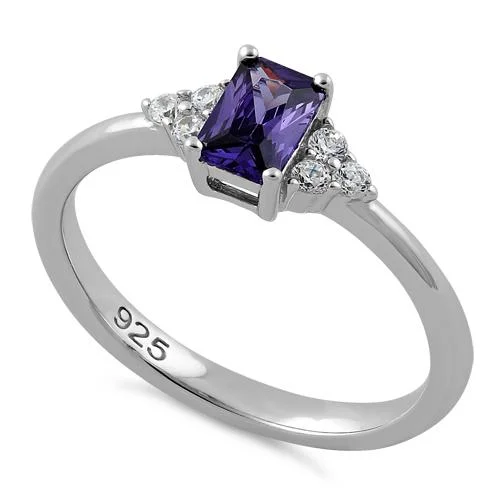 Rings With Gold Finish-Sterling Silver Precious Emerald Cut Amethyst CZ Ring