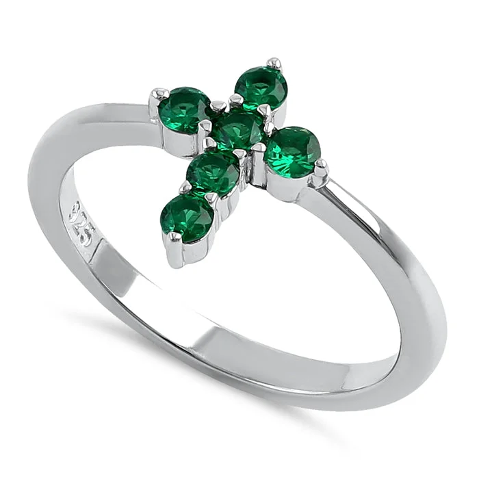 Rings For Edgy Style-Sterling Silver Cross Green CZ Ring