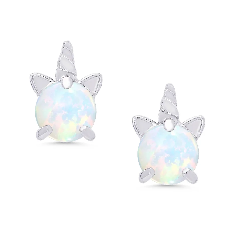 Earrings For Boho Vibes-Lab Created Opal Unicorn Stud Earrings in Sterling Silver