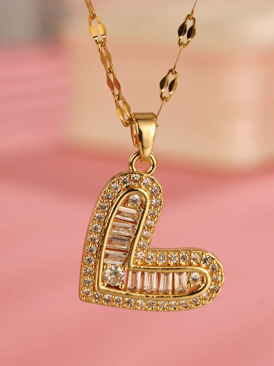 Best Heavy Necklaces-Elegant Heart Shape Stainless Steel Plating Inlay Zircon 18k Gold Plated Pendant Necklace