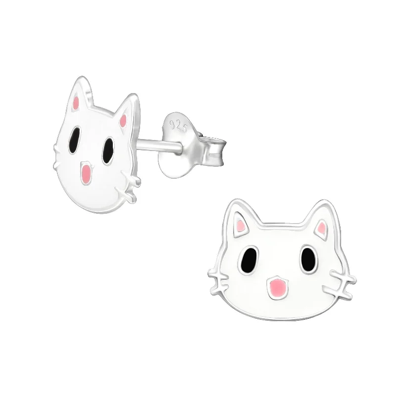 Earrings For Wide Faces-Cat Stud Earrings in Sterling Silver