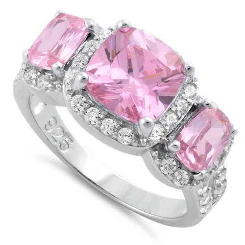 Rings For Long Fingers-Sterling Silver Pink Three Stone Halo CZ Ring