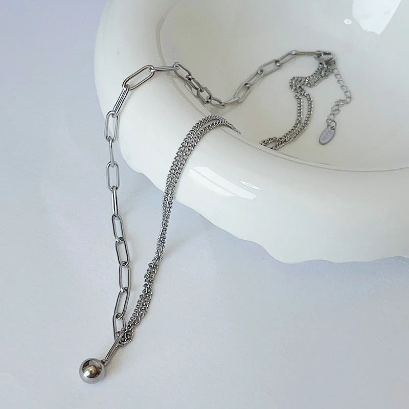 Sd131 Silver Asymmetric Ball Necklace