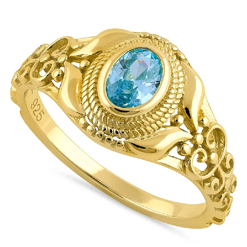 Rings With Gemstone Settings-Sterling Silver Gold Plated Austere Oval Cut Aquamarine CZ Ring