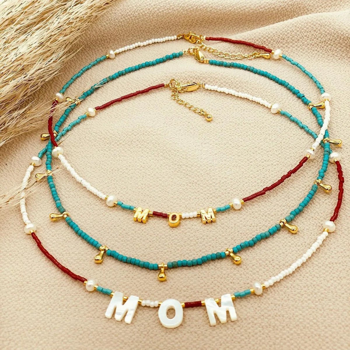 Necklaces Durability Rating-Mama Simple Style Letter Beaded Knitting Pearl Plating 18k Gold Plated Mother's Day Women's Necklace